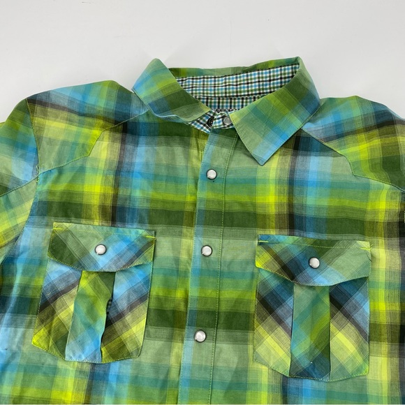 Mountain Hardwear Men's Short Sleeve Pearl Snap Green Plaid Western Shirt - Picture 2 of 7